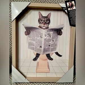 NEW CAROL LEW  Cat in Glasses Reading Newspaper Wood Frame. 12 "x15".